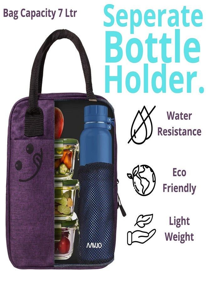 Aavjo Insulated Lunch Tiffin Bag | Bottle Compartment | 28x22x13 cm | Purple | Linen Matty Material | Work School Picnic Carry Bag - Image 4
