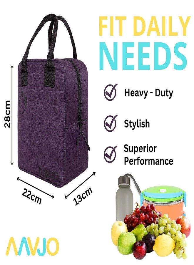 Aavjo Insulated Lunch Tiffin Bag | Bottle Compartment | 28x22x13 cm | Purple | Linen Matty Material | Work School Picnic Carry Bag - Image 2