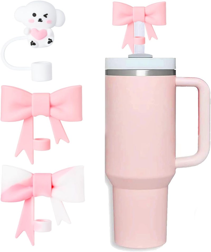HIUSITY Pink Bow Straw Cover Topper for Stanley Cup,Silicone Straws Toppers for Tumbler with Handle 40oz,Cute 10mm/0.4in Covers Cap,Reusable Lids for Stanleys Cups Accessories, 3Pcs-45 - Image 1