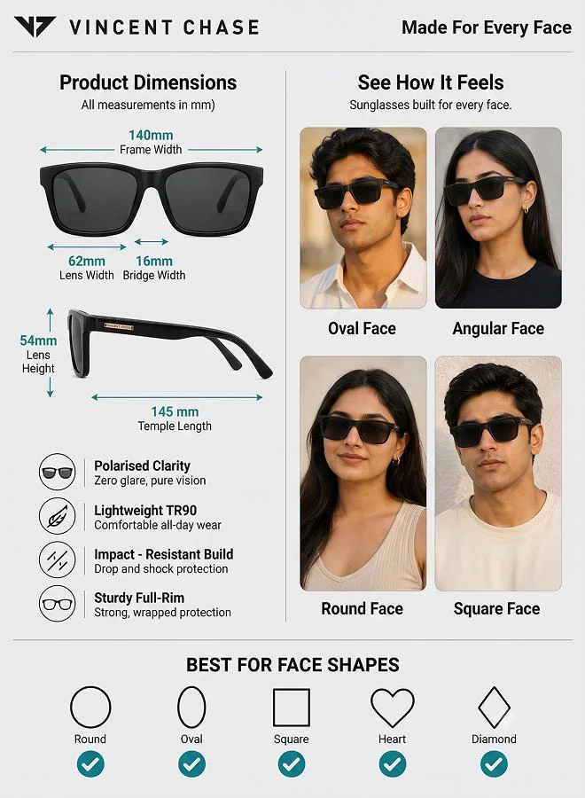 Vincent Chase  Vincent Chase By Lenskart | Black Green Solid Full Rim Square | Season Essentials | Branded Latest and Stylish Sunglasses | Polarized and 100% UV Protection (UV 400) | Unisex | Medium | LA S13159  | Best Price UAE