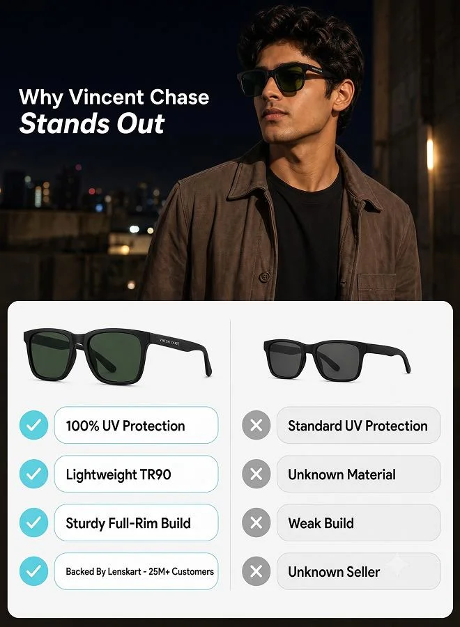 Vincent Chase  Vincent Chase By Lenskart | Black Green Solid Full Rim Square | Season Essentials | Branded Latest and Stylish Sunglasses | Polarized and 100% UV Protection (UV 400) | Unisex | Medium | LA S13159  | Best Price UAE