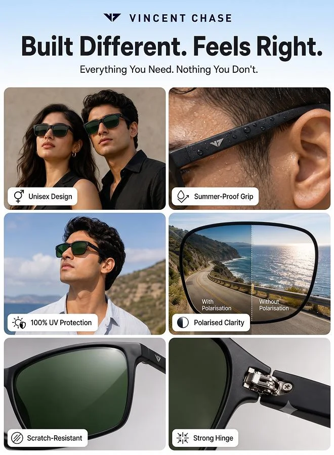 Vincent Chase  Vincent Chase By Lenskart | Black Green Solid Full Rim Square | Season Essentials | Branded Latest and Stylish Sunglasses | Polarized and 100% UV Protection (UV 400) | Unisex | Medium | LA S13159  | Best Price UAE