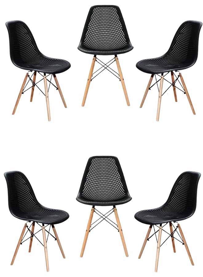 Taimi Pack Of 6 Modern Dining Chairs, Outdoor Indoor Shell PP Lounge Side Chairs with Mesh Design, Beech Wood Legs, Tulip Leisure Chairs, DSW Dining Chairs for Kitchen and Dining Room Black - Image 1