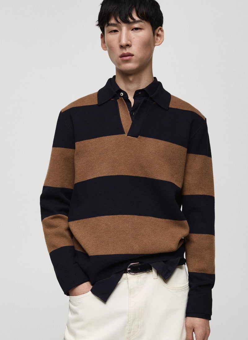 Mango Man Striped Design Polo Sweater  - Image 1