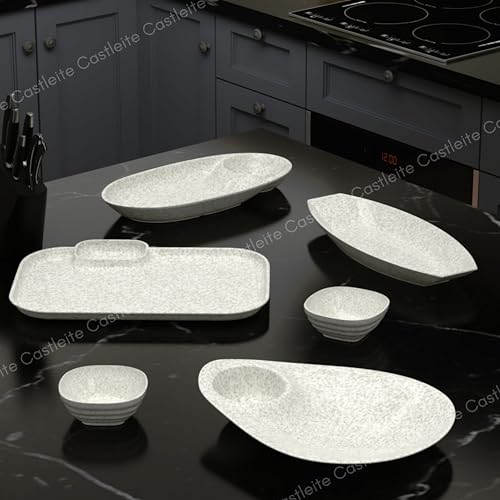 Castleite Islewight Multi-Purpose Kitchen Serving Platter: Deluxe Melamine Crockery Set of 6 - Versatile Chip and Dip Tray for Snacks, Starters & Desserts (Marble Black) - Image 3