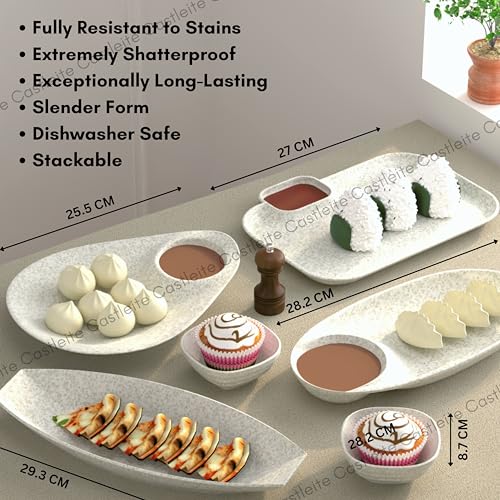 Castleite Islewight Multi-Purpose Kitchen Serving Platter: Deluxe Melamine Crockery Set of 6 - Versatile Chip and Dip Tray for Snacks, Starters & Desserts (Marble Black) - Image 4