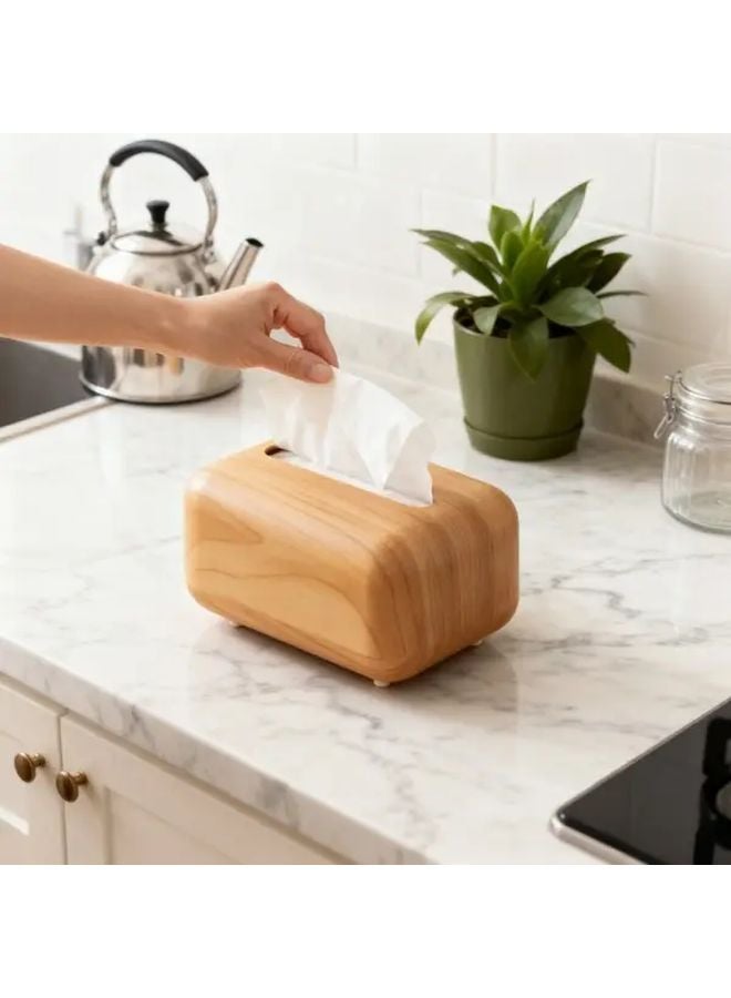 Wood Color Modern Tissue Box Holder With Soft Close Lid Bathroom Organizer - Image 3