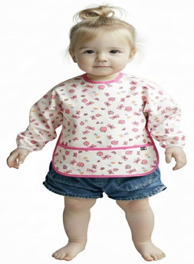 Plie Long Sleeve Waterproof Bib for Toddlers - Soft Feeding Smock for Baby Mealtime, Self-Feeding, Painting & Messy Play, BPA-Free, Easy Clean (6-24 Months) - Pink/Butterfly - Image 1