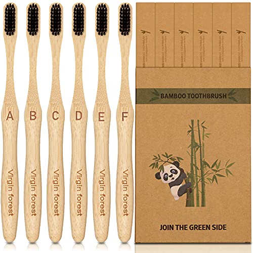 Virgin Forest 6-Pack Bamboo Charcoal Toothbrushes, Natural Eco-Friendly Biodegradable Wooden Toothbrushes, BPA Free Medium Soft Bristles - Image 1