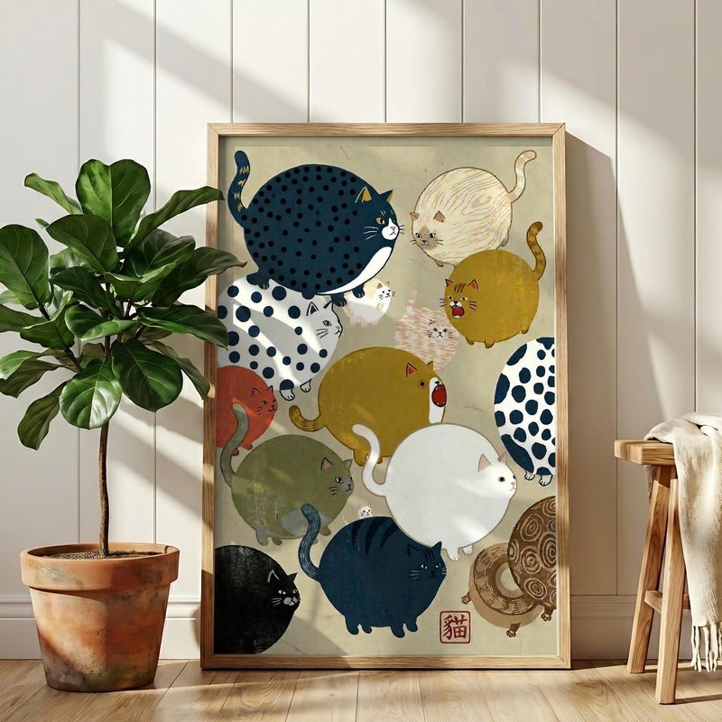 TNESSENTIAL Japanese Chonky Cat Art Print - Mid Century Modern Wall Art, Funny Fat Feline Poster, Quirky Round Animal Illustration, Pet Lover Gift - Image 5
