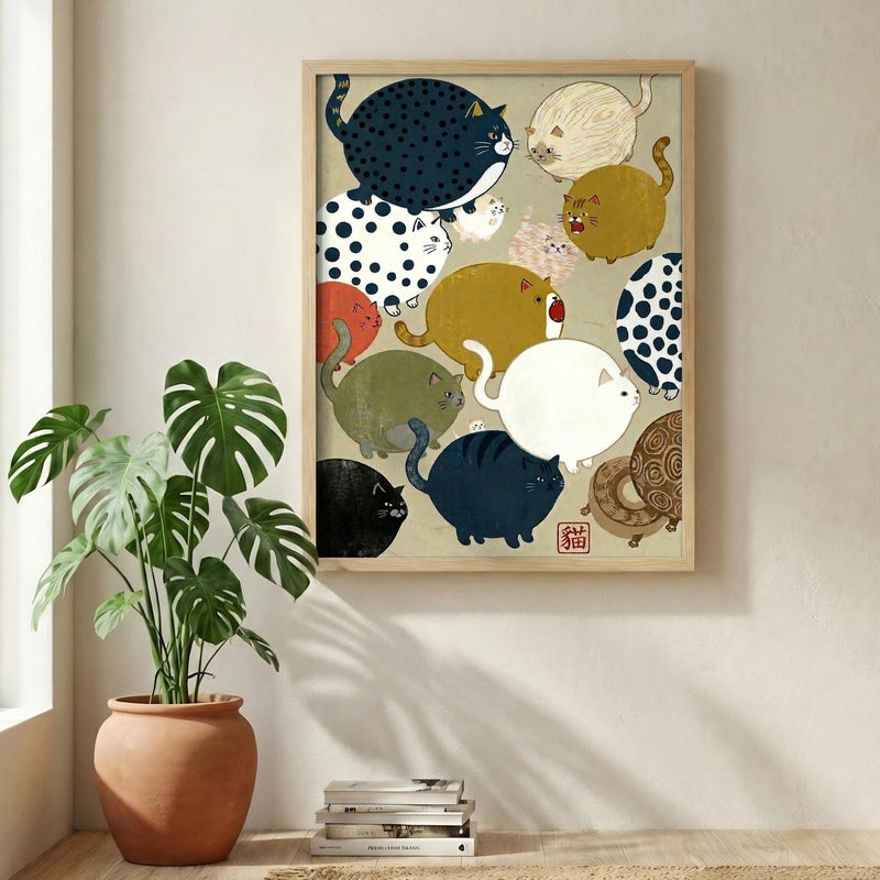 TNESSENTIAL Japanese Chonky Cat Art Print - Mid Century Modern Wall Art, Funny Fat Feline Poster, Quirky Round Animal Illustration, Pet Lover Gift - Image 4