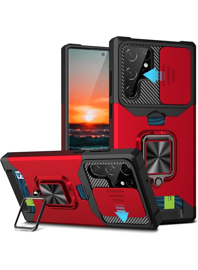 HY For Samsung Galaxy S24 Ultra Case with Card Holder, Sumsung S24 Ultra Case with Slide Camera Cover and 360° Rotate Ring Kickstand Heavy Duty Protective Phone Case for S24 Ultra Cover-red  - Image 1