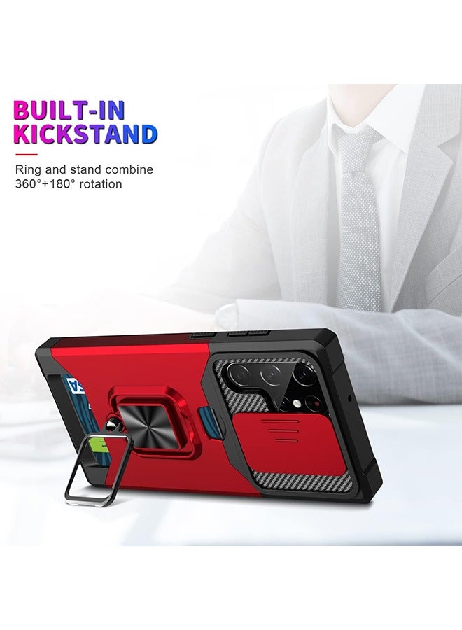 HY For Samsung Galaxy S24 Ultra Case with Card Holder, Sumsung S24 Ultra Case with Slide Camera Cover and 360° Rotate Ring Kickstand Heavy Duty Protective Phone Case for S24 Ultra Cover-red  - Image 3