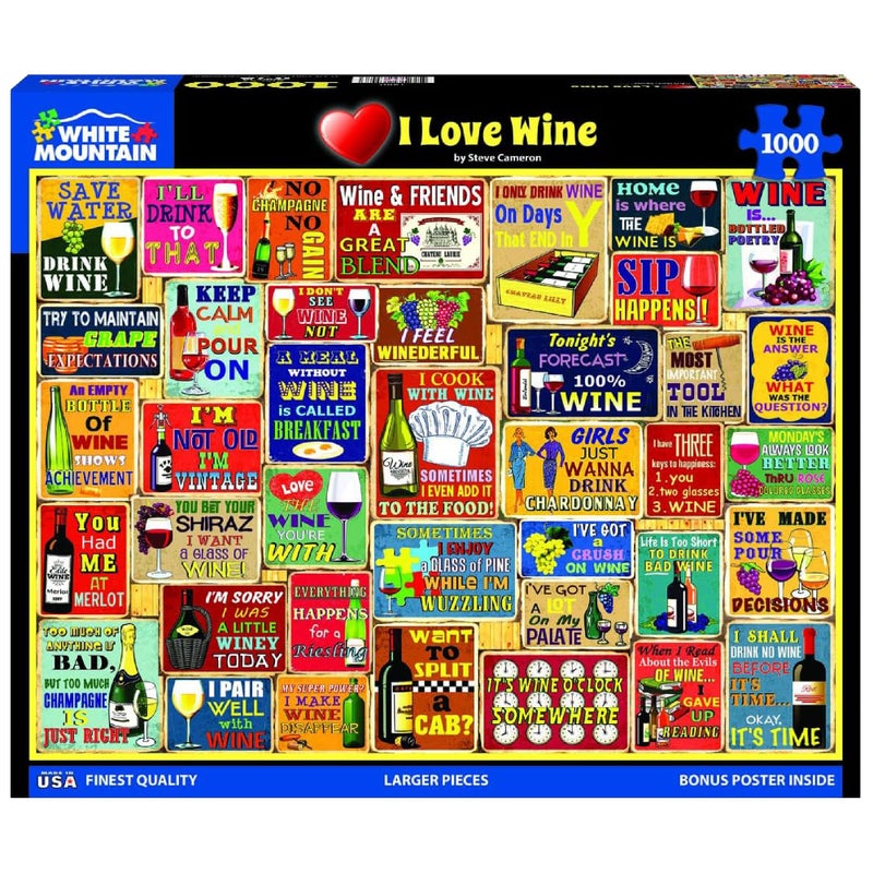 White Mountain 1000 Piece Jigsaw Puzzle Funny Wine Sayings Collage Puzzles with Large Pieces for Adults and Family 24"x30" - I Love Wine - Image 1