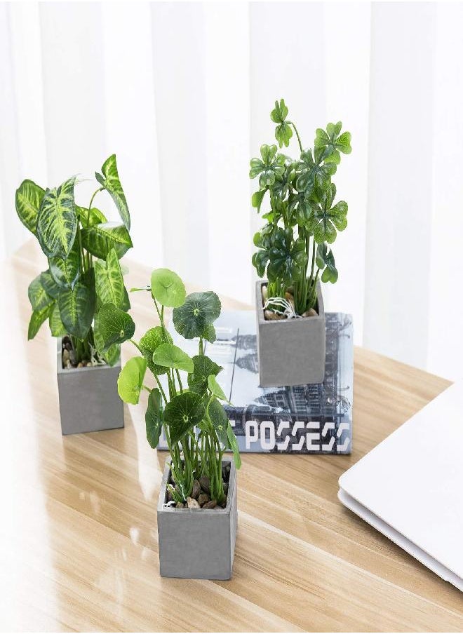 MyGift - MyGift Artificial Assorted Plants Faux Tabletop Greenery in Gray Cement Square Pots, Set of 3 - Image 1