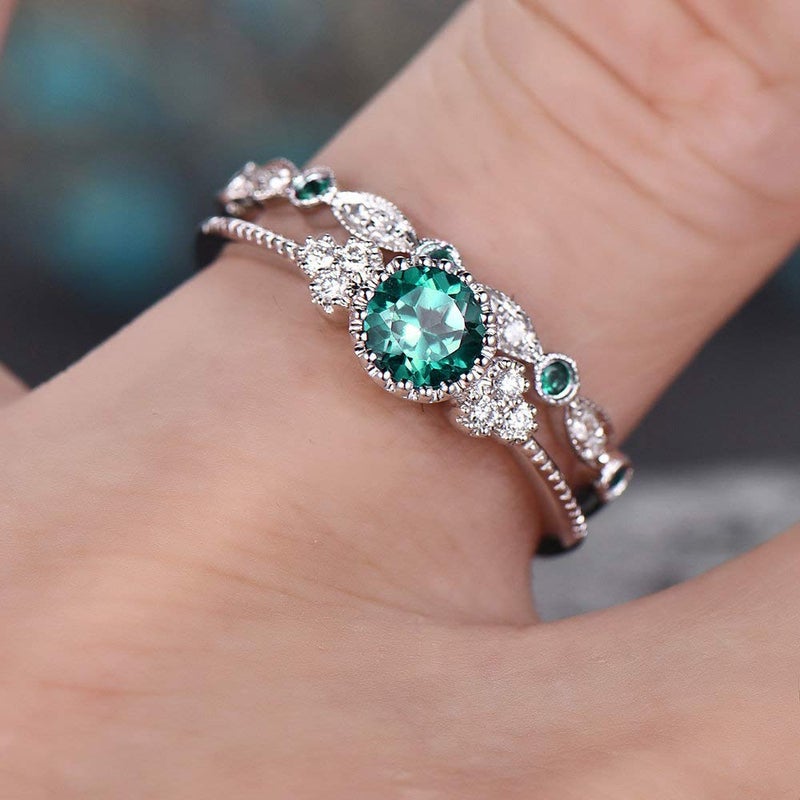 Fashion 2PCS 925 Sterling Silver Natural Emerald Ring Round Cut Cubic Zirconia Promise Rings CZ Classical Eternity Engagement Wedding Band Ring Set for Women US Code 6
