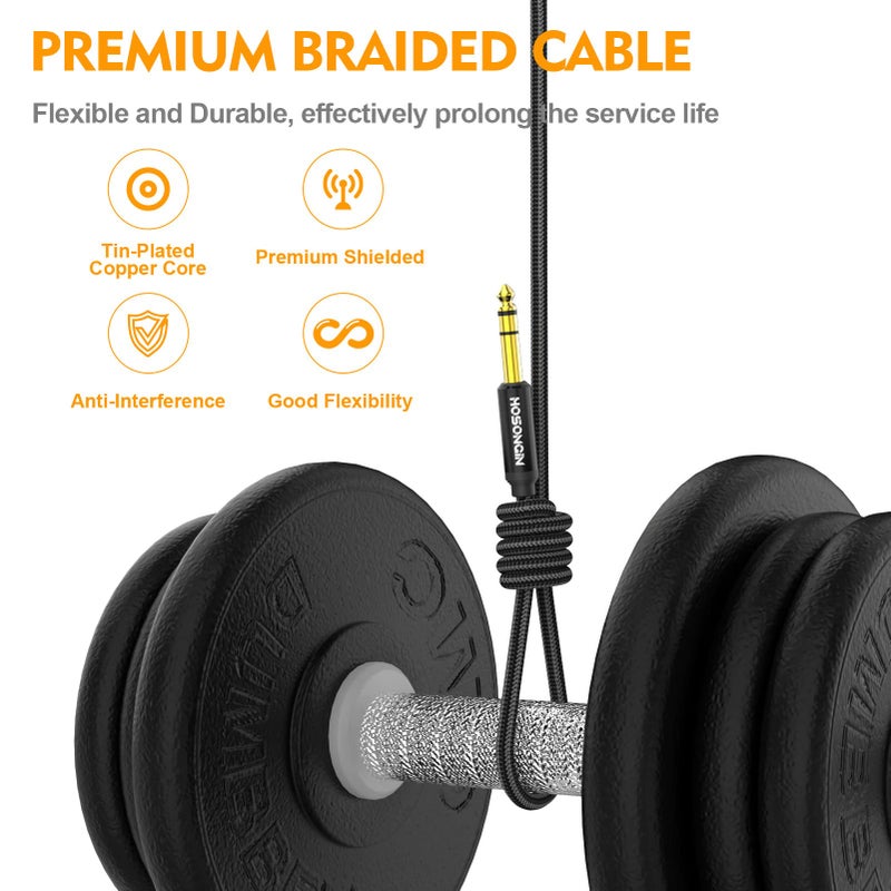 HOSONGIN 1/4 Inch TRS Instrument Cable 10 feet 2-Pack, Straight-to-Right Angle 6.35mm Male Stereo Audio Cord, Balanced Interconnect Line for Electric Guitar, Bass, Keyboard, Mixer, Amplifier, Speaker - Image 4