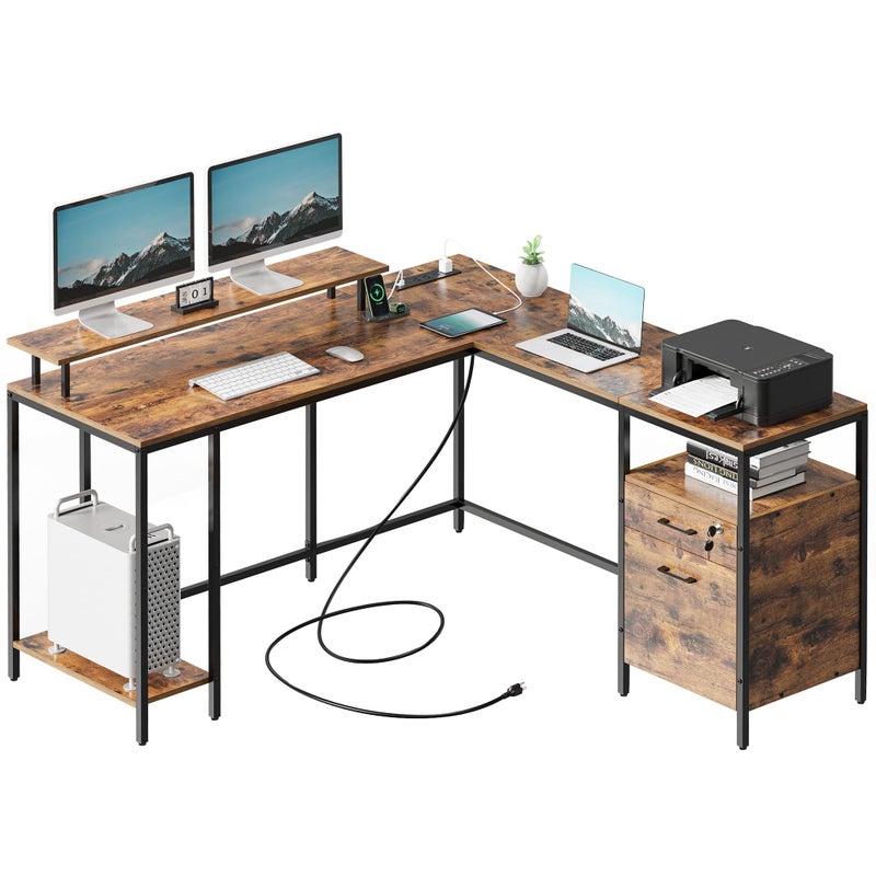 SUPERJARE Reversible Computer Desk with Power Outlets  File Cabinet L Shaped Desk with Monitor Stand  Storage Shelves Corner Desk Home Office Desk Rustic Brown