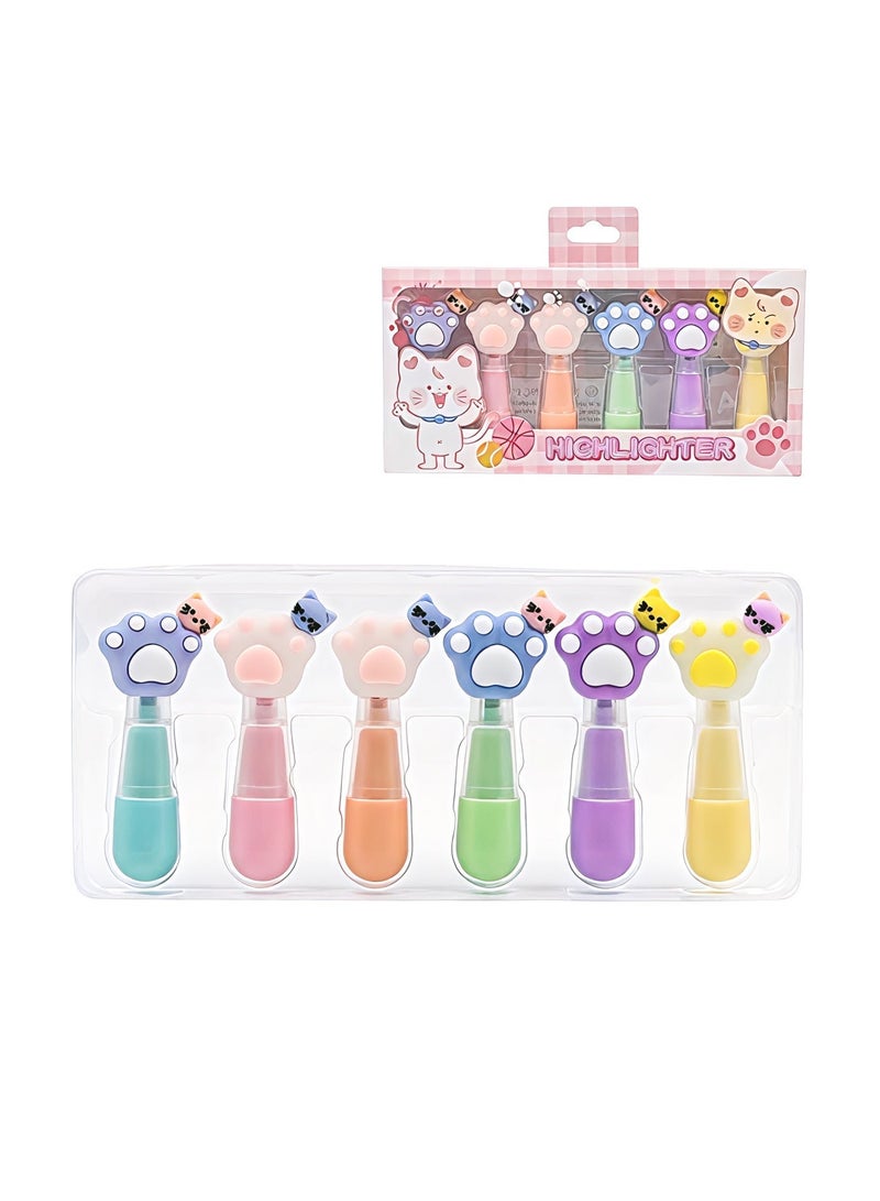 6-Piece Cute Cat Paw Mini Highlighter Set - Pastel Colors, Aesthetic Chisel Tip Markers for School, Office, & DIY Journaling - Kids & Students Stationery Gift Set - Image 1