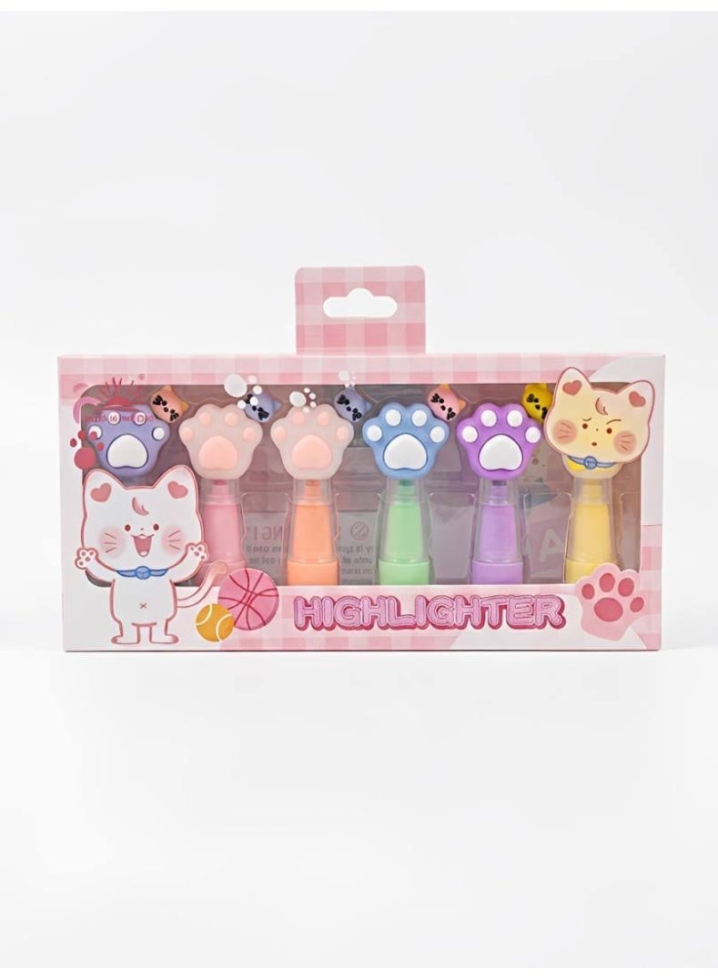 6-Piece Cute Cat Paw Mini Highlighter Set - Pastel Colors, Aesthetic Chisel Tip Markers for School, Office, & DIY Journaling - Kids & Students Stationery Gift Set - Image 2