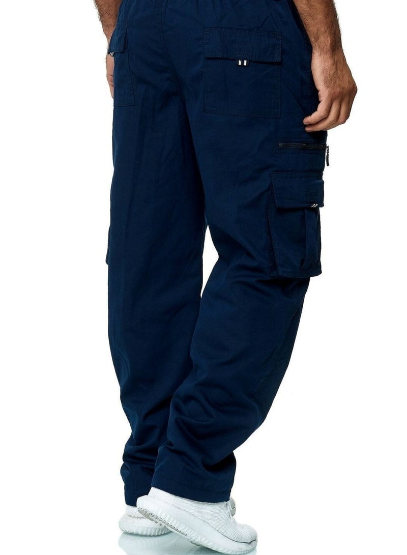 Huitich Men’s Casual Multi-Pocket Workwear Trousers Navy, Size L - Image 3