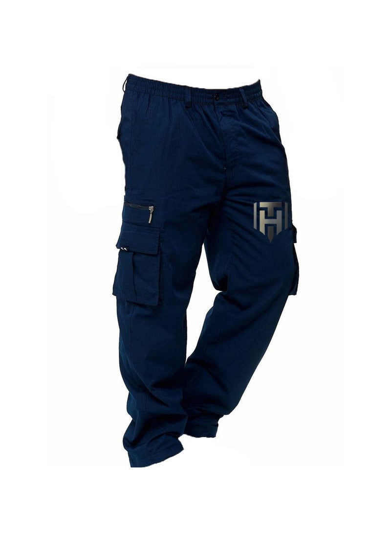 Huitich Men’s Casual Multi-Pocket Workwear Trousers Navy, Size L - Image 1