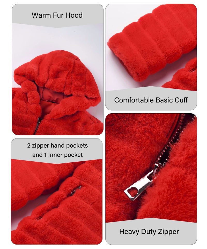 RISISSIDA Women Long Faux Fur Coat Fuzzy Jacket with Hood Fleece Winter Fall Thermal Shearling Warm Fluffy Furry Overcoat B Red 120757A X-L - Image 5