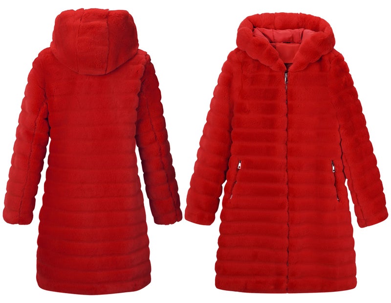 RISISSIDA Women Long Faux Fur Coat Fuzzy Jacket with Hood Fleece Winter Fall Thermal Shearling Warm Fluffy Furry Overcoat B Red 120757A X-L - Image 3