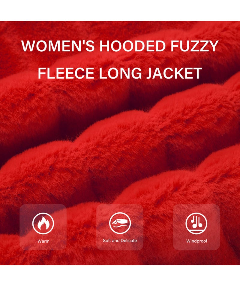 RISISSIDA Women Long Faux Fur Coat Fuzzy Jacket with Hood Fleece Winter Fall Thermal Shearling Warm Fluffy Furry Overcoat B Red 120757A X-L - Image 4