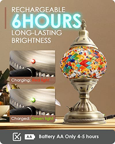 Yarra-Decor Turkish Moroccan Lamp with Bronze Base Handmade Tiffany Mosaic Glass Lamps Portable Bedside Lamps with Rechargeable Battery 2000mAh (LED Bulb Included) (Multicolor1) - Image 2