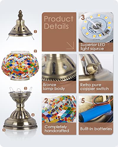 Yarra-Decor Turkish Moroccan Lamp with Bronze Base Handmade Tiffany Mosaic Glass Lamps Portable Bedside Lamps with Rechargeable Battery 2000mAh (LED Bulb Included) (Multicolor1) - Image 5