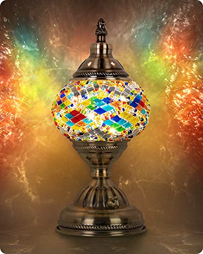 Yarra-Decor Turkish Moroccan Lamp with Bronze Base Handmade Tiffany Mosaic Glass Lamps Portable Bedside Lamps with Rechargeable Battery 2000mAh (LED Bulb Included) (Multicolor1) - Image 1