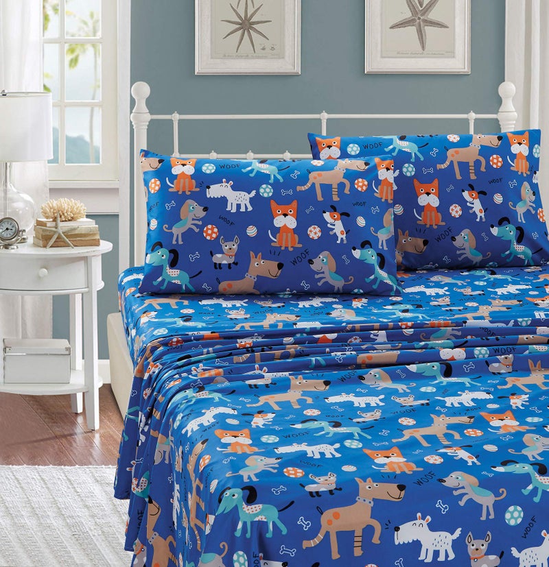 Better Home Style Better Home Style Playing Puppy Blue KidsBoysToddler 4 Piece Sheet Set with Woof Woof Wagging Dogs Pups and Puppies Includes Pillowcases Flat and Fitted Sheets  Blue Dog Full