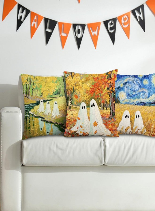 Whaline 4Pcs Halloween Pillow Covers Van Gogh Ghost Starry Sky Throw Pillow Case Decorative Cushion Cover for Sofa Couch Bed Home Office, 18 x 18 Inch - Image 4