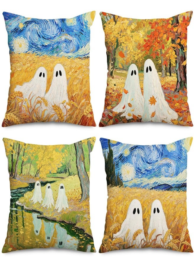 Whaline 4Pcs Halloween Pillow Covers Van Gogh Ghost Starry Sky Throw Pillow Case Decorative Cushion Cover for Sofa Couch Bed Home Office, 18 x 18 Inch - Image 1