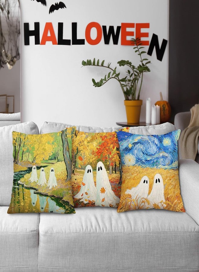 Whaline 4Pcs Halloween Pillow Covers Van Gogh Ghost Starry Sky Throw Pillow Case Decorative Cushion Cover for Sofa Couch Bed Home Office, 18 x 18 Inch - Image 5