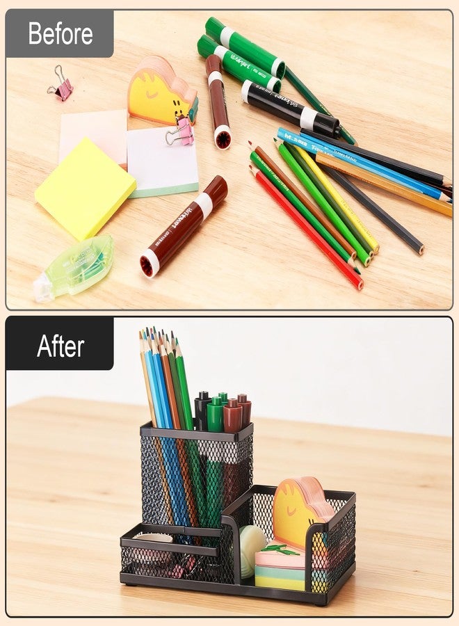 Comix Mesh Pen Pencil Holder Desk Organizer, 3 Compartment Wire Desktop Pen Pencil Cup Caddy Office Supplies Desk Accessories for Home Office School, Black - Image 4