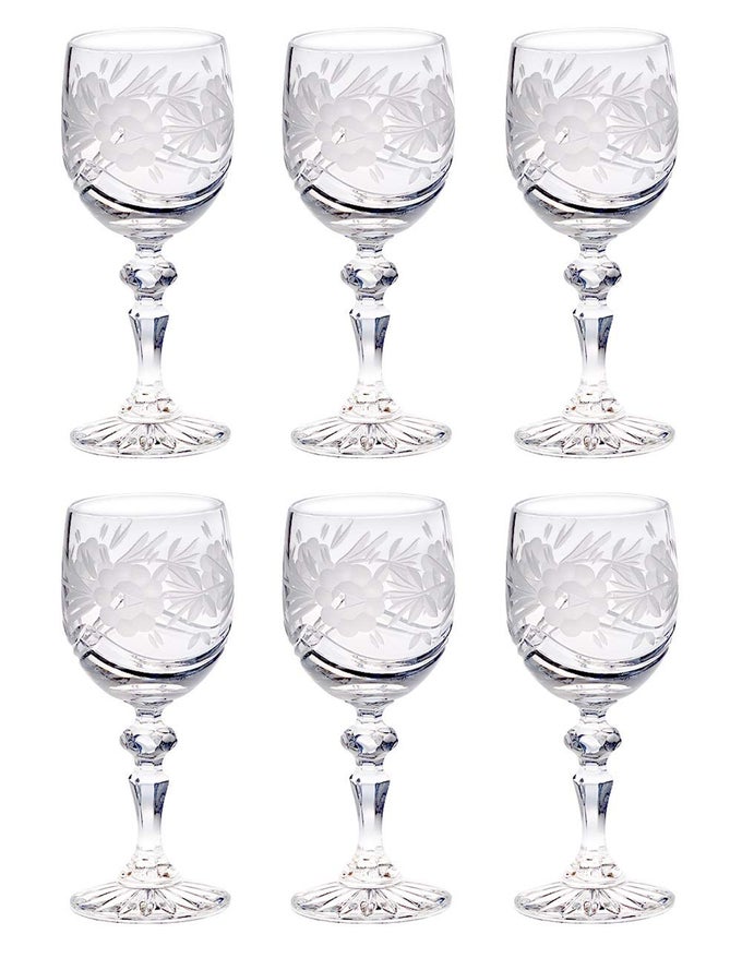 WINE GOBLET CRYSTAL GLASSES SET OF 6 RED OR WHITE WINE GLASS BEAUTIFULLY HAND CUT FLOWER DESIGN 6 OZ EUROPEAN QUALITY MADE IN EUROPE