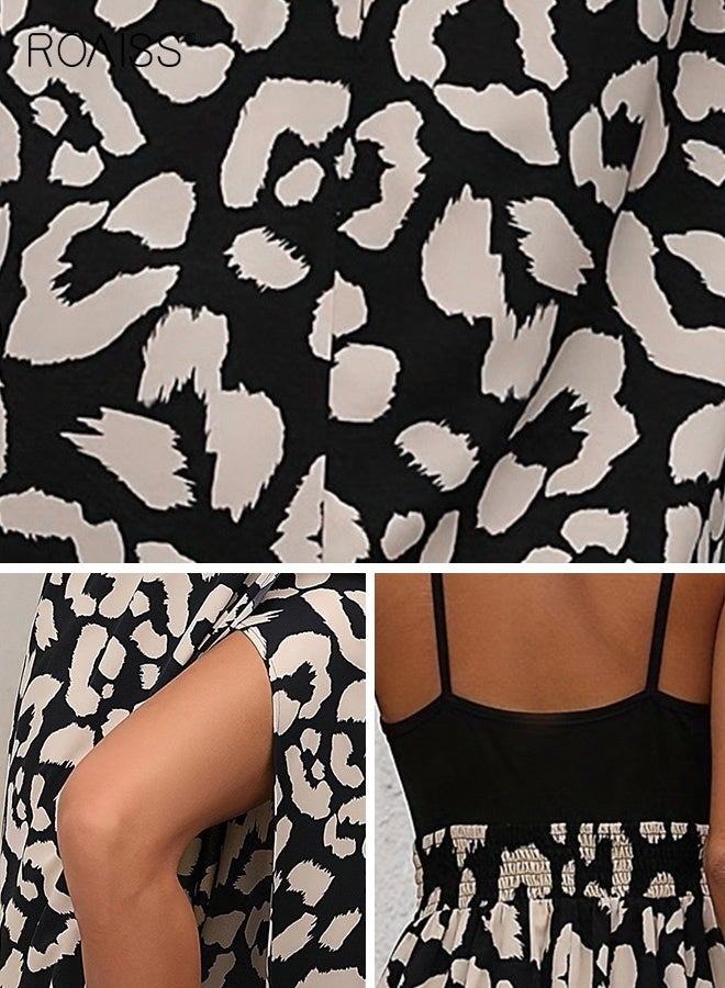 roaiss Leopard Print Slit Suspender Dress for Women V Neck Spaghetti Strap Maxi Dress Ladies High Waist Beach Long Flowy Sundress Elegant Vacation Outfit Lightweight Comfortable - Image 5