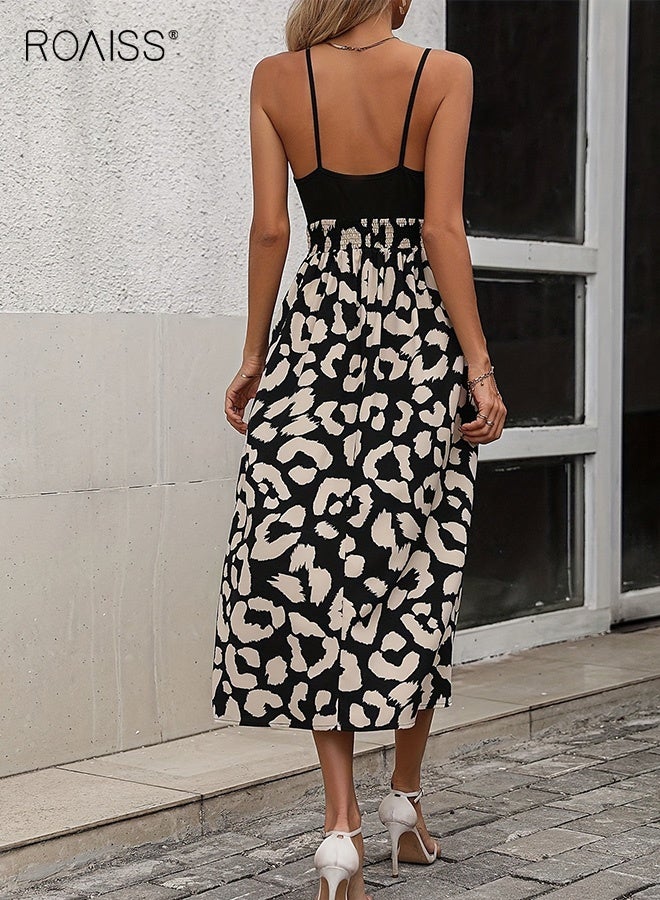 roaiss Leopard Print Slit Suspender Dress for Women V Neck Spaghetti Strap Maxi Dress Ladies High Waist Beach Long Flowy Sundress Elegant Vacation Outfit Lightweight Comfortable - Image 3