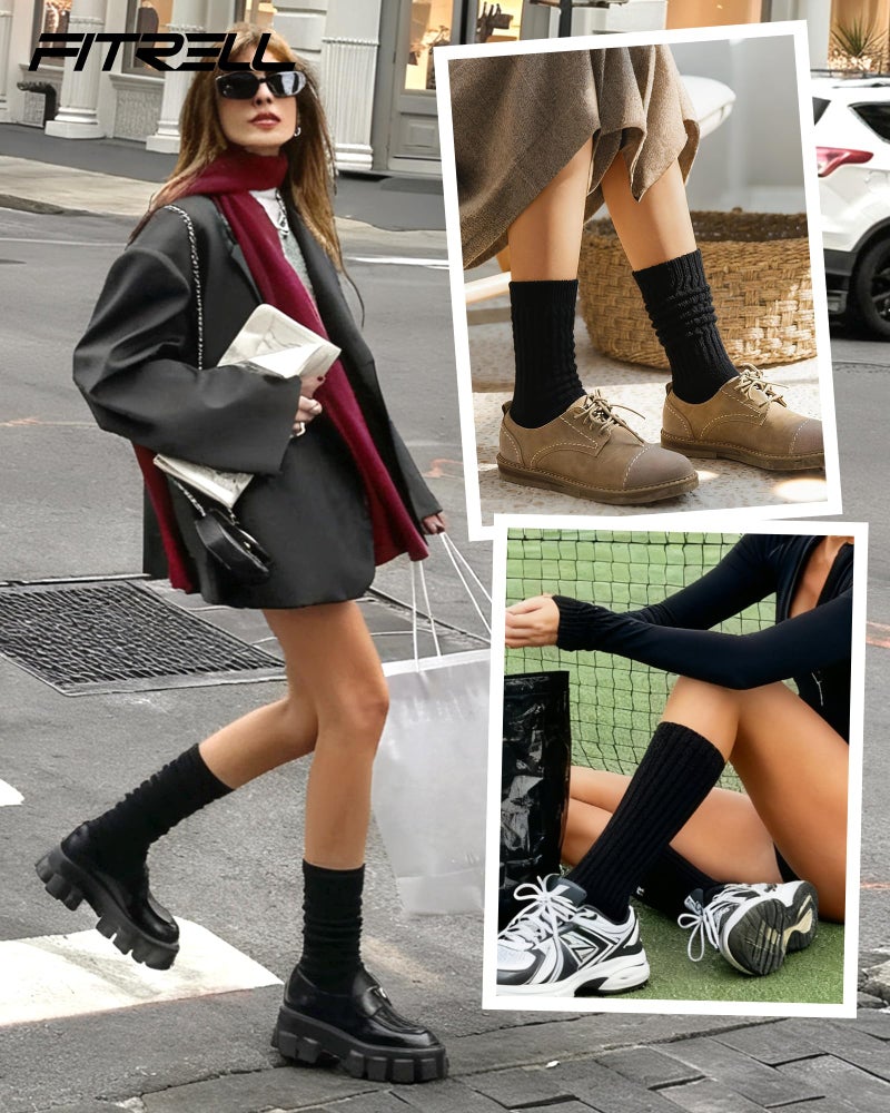 FITRELL Slouch Socks for Women, 3 Pairs Soft Cotton Knee High Scrunch Tube Boot Socks, Black, Medium-Large - Image 2