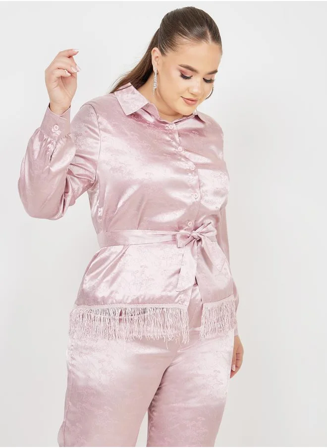 Styli Plus Satin Jacquard Tassel Hem Shirt and Wide Leg Pant with Self Tie Up Set