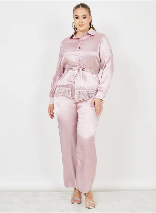 Styli Plus Satin Jacquard Tassel Hem Shirt and Wide Leg Pant with Self Tie Up Set