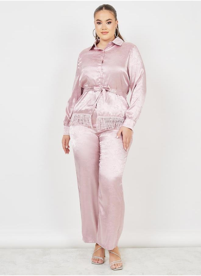 Styli Plus Satin Jacquard Tassel Hem Shirt and Wide Leg Pant with Self Tie Up Set  - Image 1