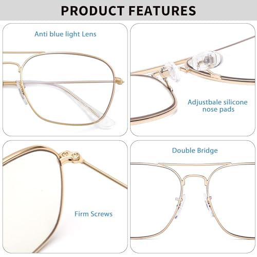 JM Aviator Computer Blue Light Blocking Glasses, Square Eye Protect Video Eyeglasses Anti Glare Men Women (Gold Frame Clear Temple Tips) - Image 3