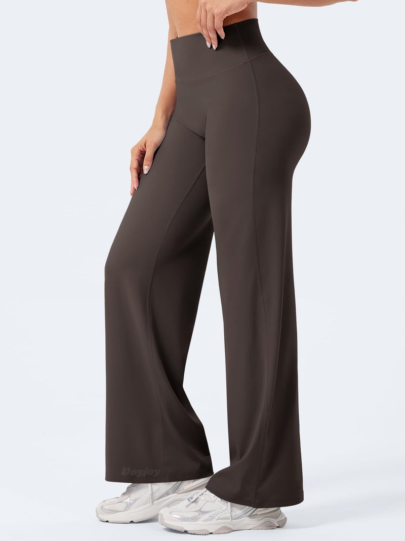 VOYJOY Straight Leggings Bottoms Wide Leg Pants for Women 29"/ 31.5"/33"/35" High Waist Stretch Casual Sweatpants Dark Brown - Image 5