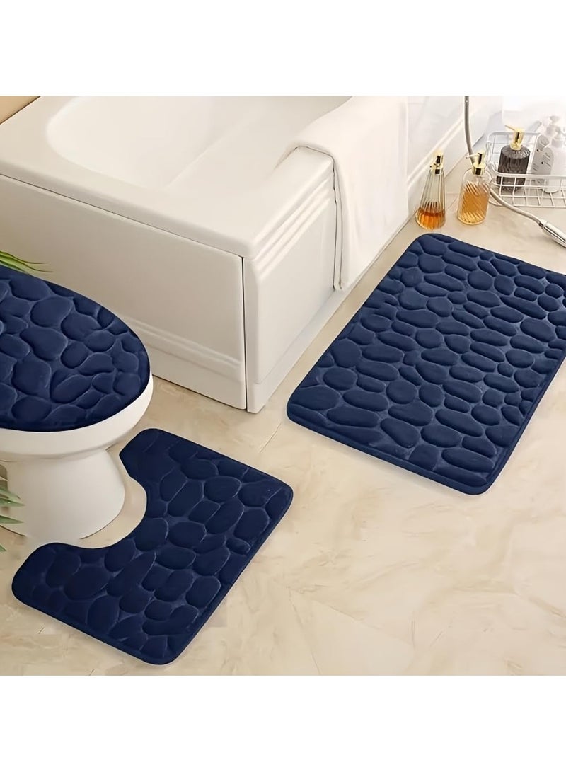 XiuWoo Bathroom Rugs Sets 3 Piece, Cobblestone Memory Foam Bathroom Mats Set Extra Thick, Non Slip Bath Mats for Bathroom, Water Absorbent, Washable Dark Blue Bath Rugs for Tub, Toilet and Floor - Image 1