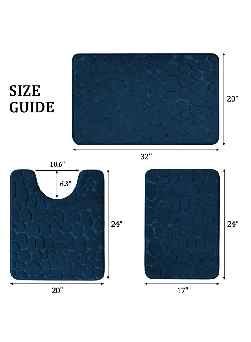 XiuWoo Bathroom Rugs Sets 3 Piece, Cobblestone Memory Foam Bathroom Mats Set Extra Thick, Non Slip Bath Mats for Bathroom, Water Absorbent, Washable Dark Blue Bath Rugs for Tub, Toilet and Floor - Image 2