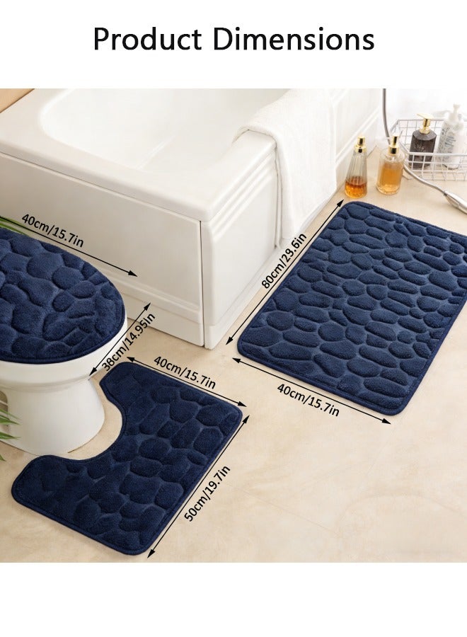 شو وو مجموعات سجاد الحمام 3 قطعة، حصاة رغوة الذاكرة الحمام الحصى مجموعة حصائر حمام سميكة جدا، غير قابلة للانزلاق للحمام، ماصة للماء، قابل للغسل سجاد حمام أزرق داكن للحوض والمرحاض والأرضية - Image 2