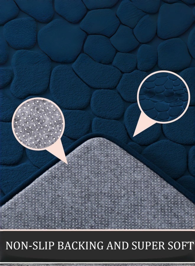 شو وو مجموعات سجاد الحمام 3 قطعة، حصاة رغوة الذاكرة الحمام الحصى مجموعة حصائر حمام سميكة جدا، غير قابلة للانزلاق للحمام، ماصة للماء، قابل للغسل سجاد حمام أزرق داكن للحوض والمرحاض والأرضية - Image 3